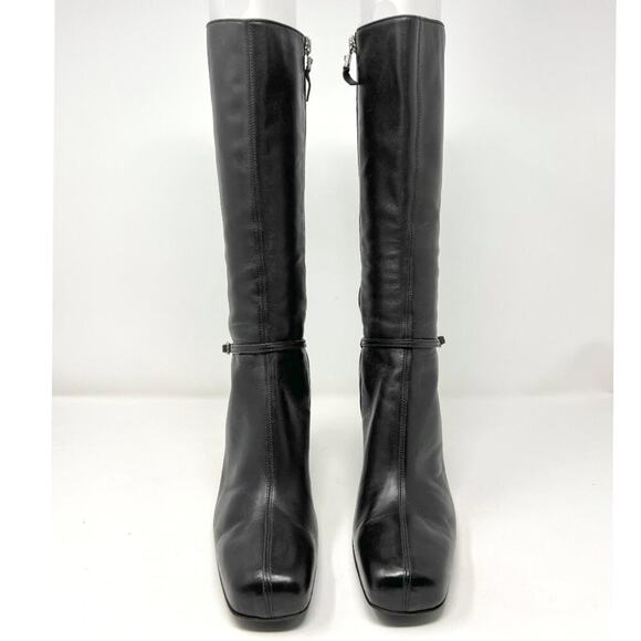 Versace Black Leather Knee High Boots 39.5 Square Toe Block Heel Italy - Picture 2 of 10
